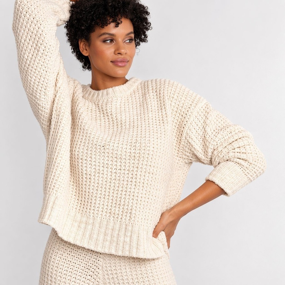 ANTHROPOLOGIE BEACH RIOT Women's Sweater S/M Ivory Textured Knit Pullover‎ Cozy